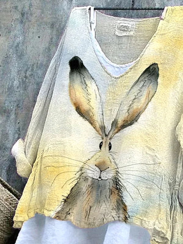 Women's Long Sleeve Blouse Spring/Fall Yellow Easter (rabbit) Printing V Neck Daily Going Out Casual Top