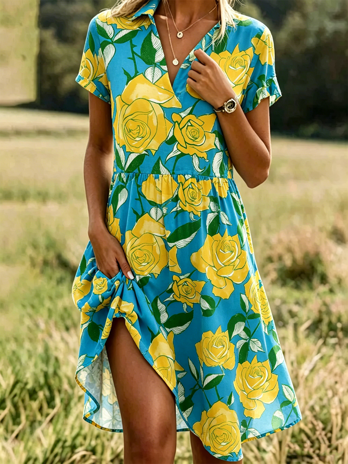 Elegant Shawl Collar Shirt Dress With No