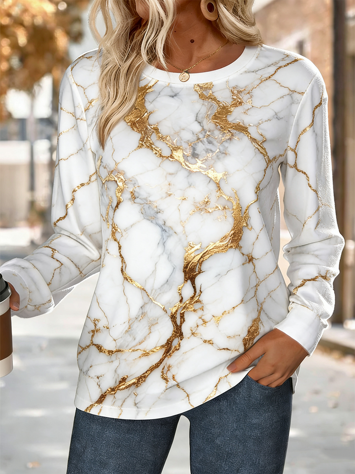 Cotton-Blend Gradient Pattern Loose Simple Sweatshirt