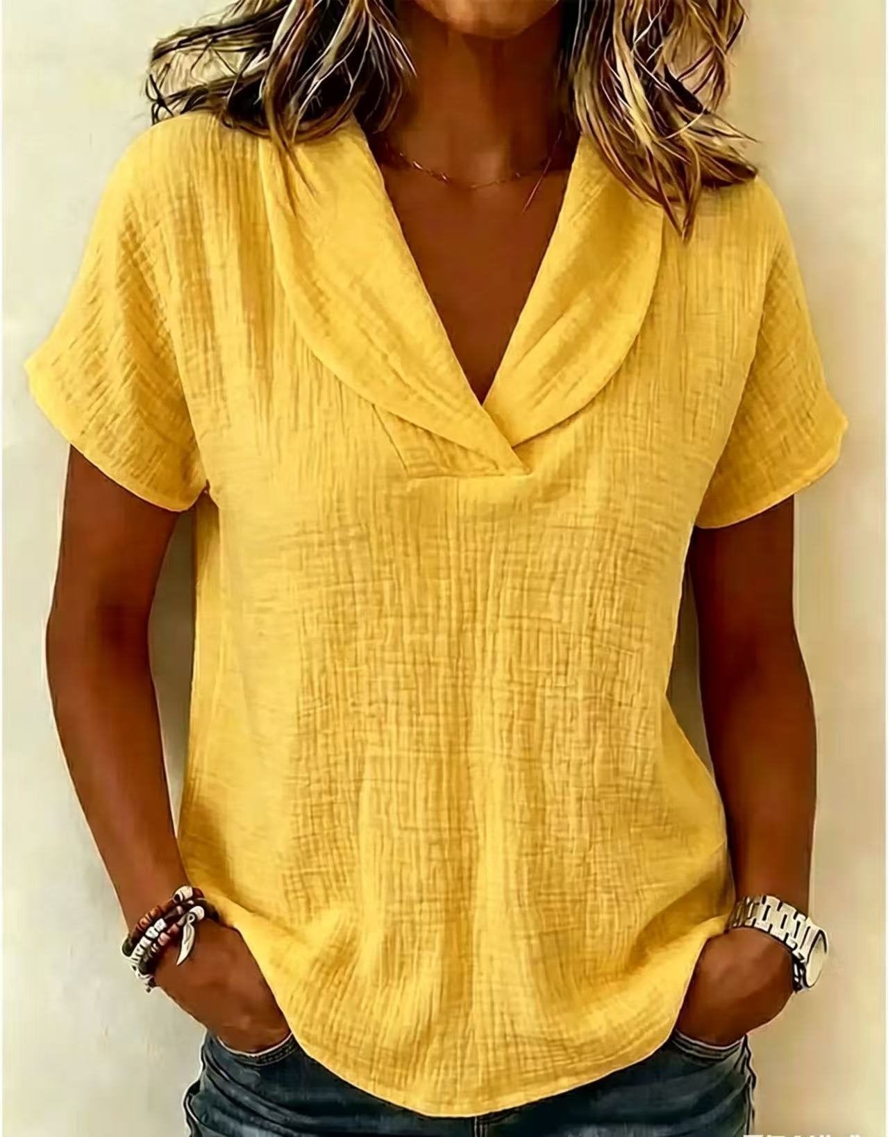 Women's Solid Color V-Neck Short Sleeve Blouse Casual Crinkle Texture Top with Shawl Collar