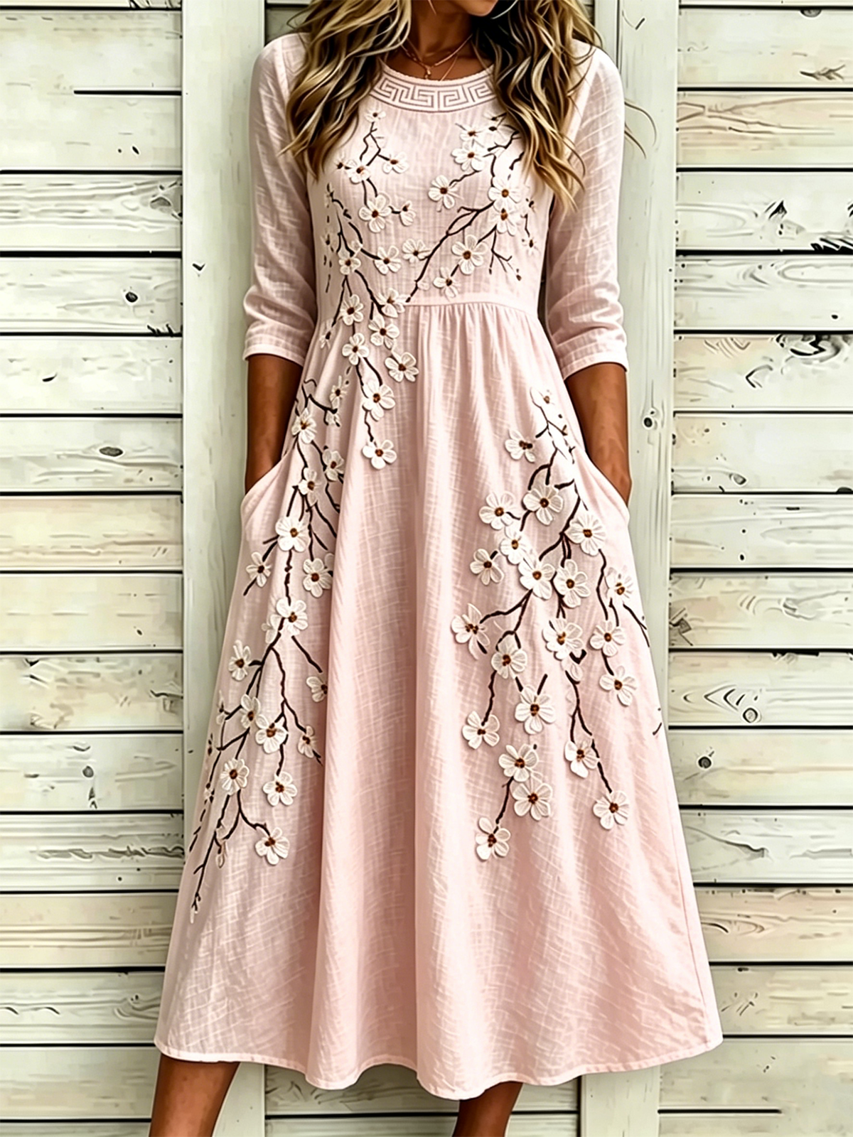 Women’s White Floral Branch Print Boho Cotton Linen Maxi Dress with Short Sleeves