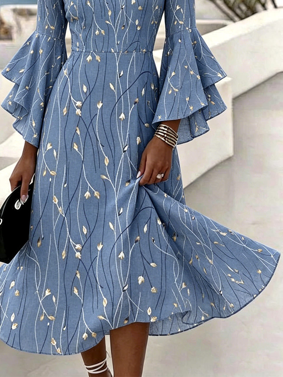 Blue Gold Leaf Print V-Neck Flare Sleeve Midi Dress for Women
