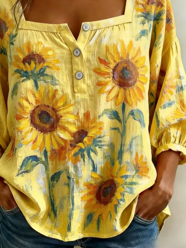 Women's Three Quarter Sleeve Blouse Spring/Fall Yellow Floral Printing Square Neck Daily Going Out Vintage Top