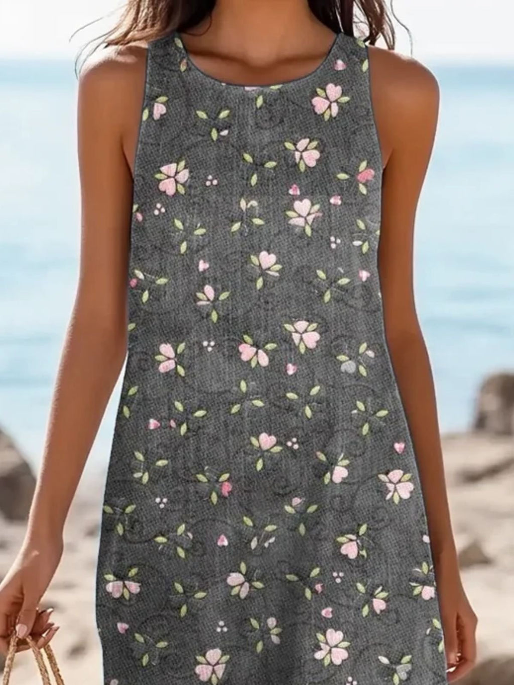 Women’s Charcoal Floral Print Sleeveless Round Neck Maxi Boho Beach Dress