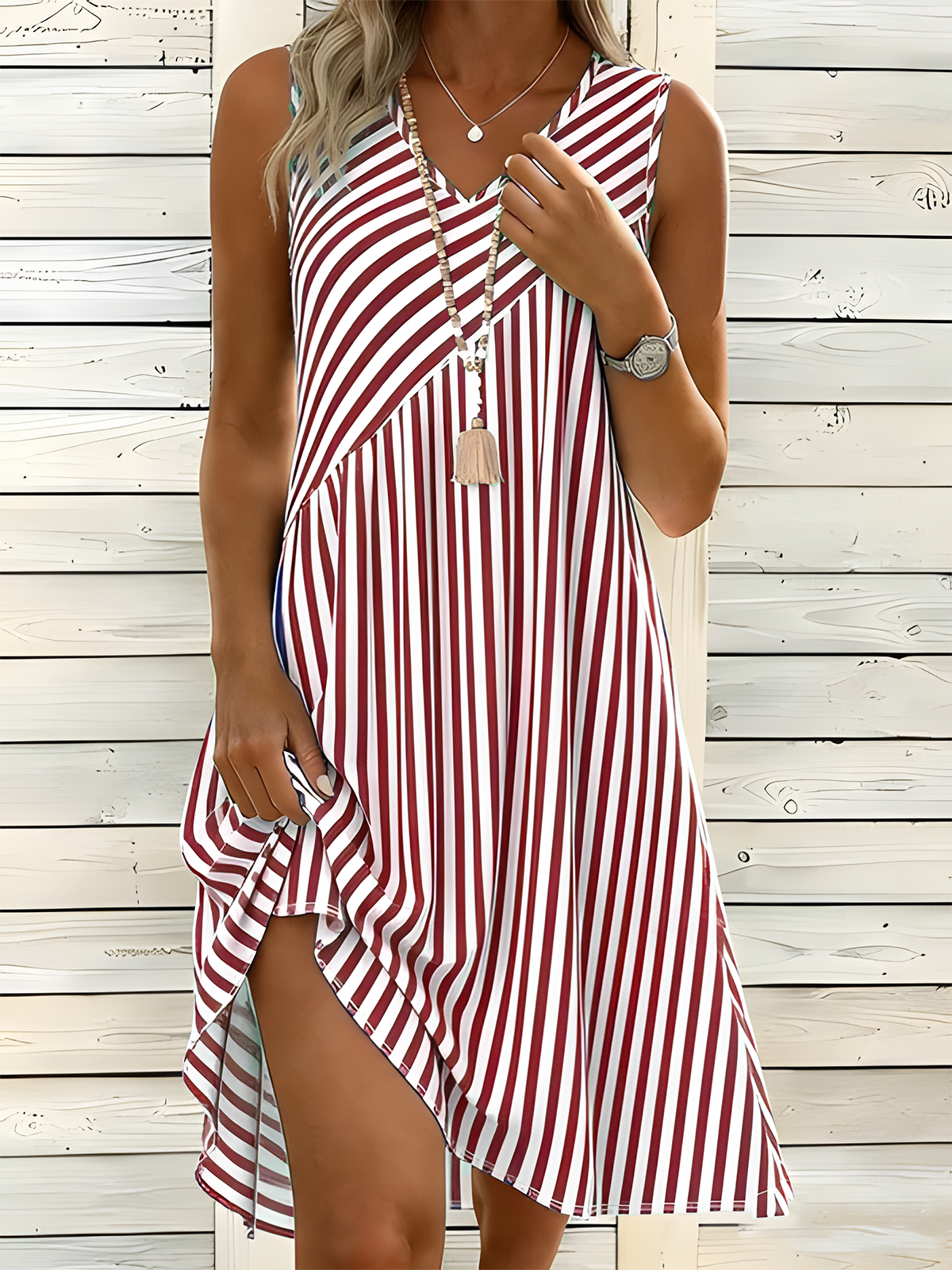 Women Striped Summer Dress V Neck Sleeveless Tank A-Line Dress