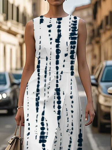 Women's Sleeveless Summer White Striped Printing Crew Neck Daily Going Out Vintage Maxi H-Line Shift Dress Dress