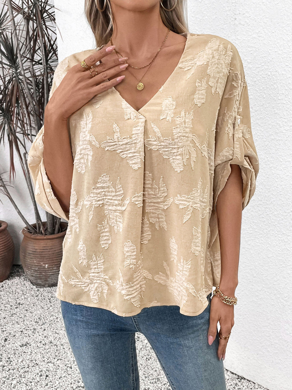Vintage V Neck Batwing Sleeve Jaquard Fabric Loose Casual Blouse