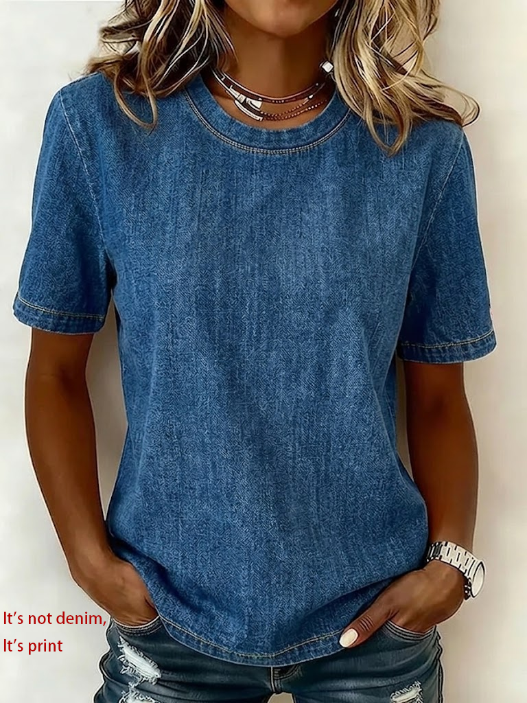 Women's Short Sleeve T-shirt Summer Blue Plain Printing Jersey Crew Neck Daily Going Out Casual Top