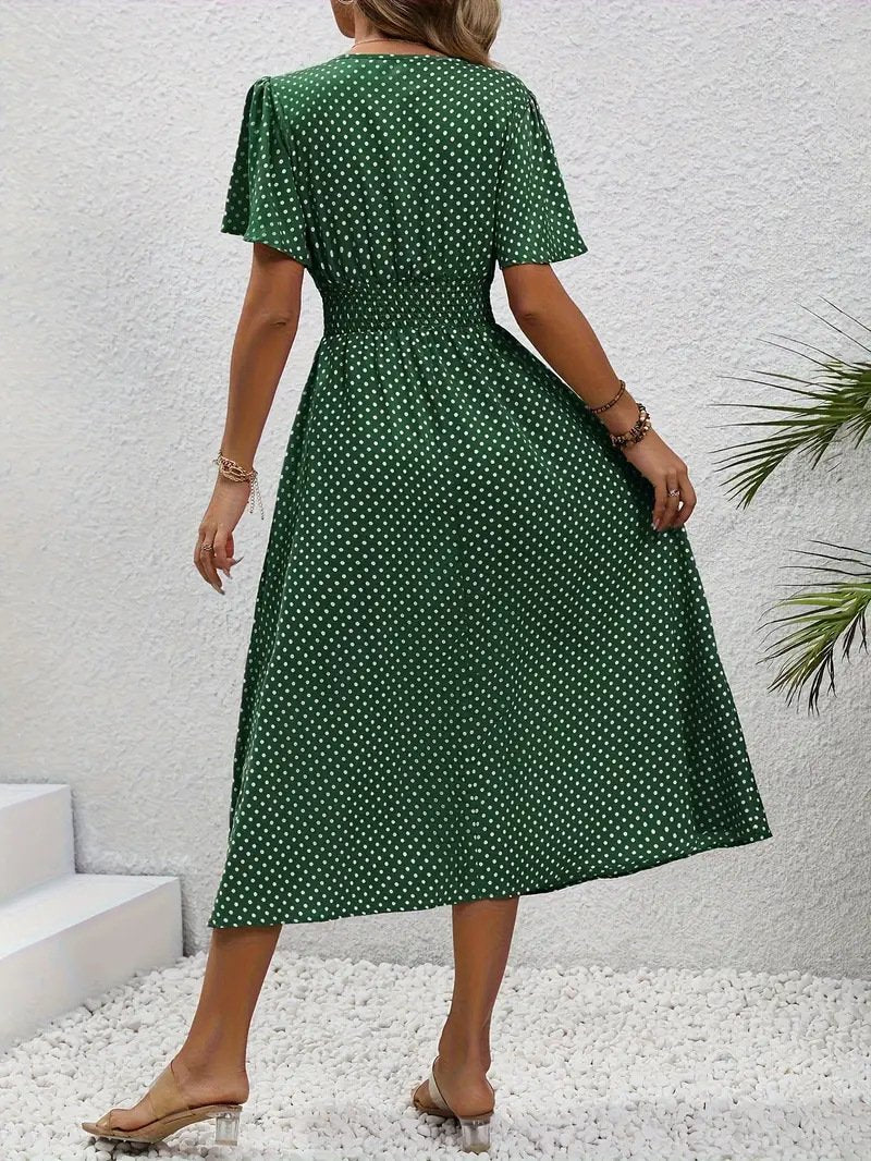 Women's Short Sleeve Summer Blue Polka Dots Split Joint V Neck Daily Going Out Casual Maxi A-Line Tank Dress