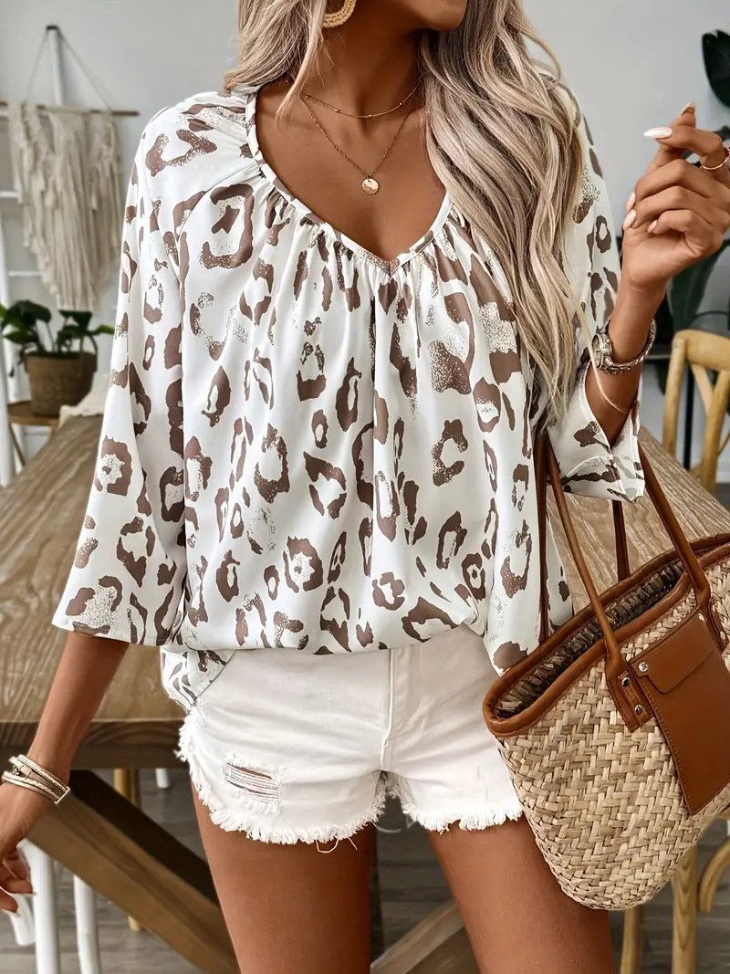 Women's Elegant Commuter Top Khaki Leopard Print Large V-Neck Pleated Three-Quarter Sleeve Shirt