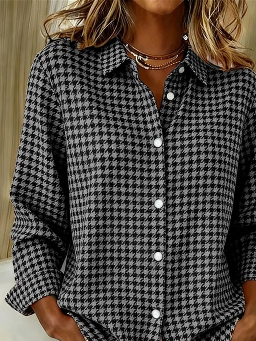 Women's Long Sleeve Shirt Spring/Fall Gray Houndstooth Buckle Shirt Collar Regular Sleeve Daily Going Out Casual Top