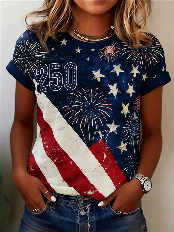 Women's Short Sleeve T-shirt Summer As Picture Independence Day (Flag) Printing Jersey Crew Neck Daily Going Out Casual Top