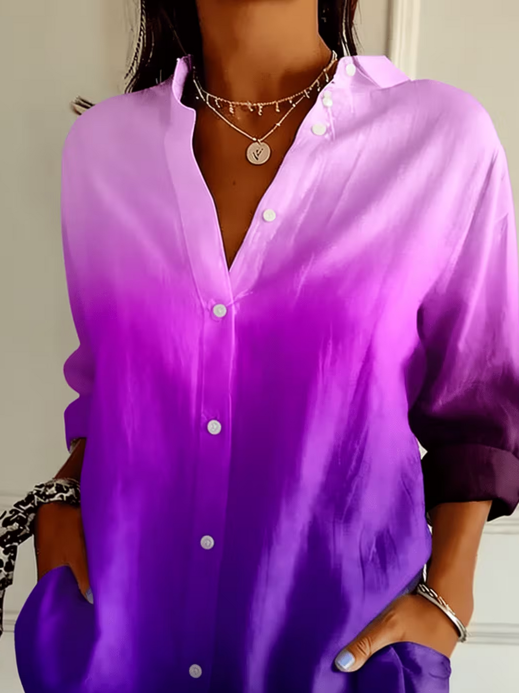 Women's Long Sleeve Shirt Spring/Fall Purple Ombre Buckle Shirt Collar Regular Sleeve Daily Going Out Casual Top