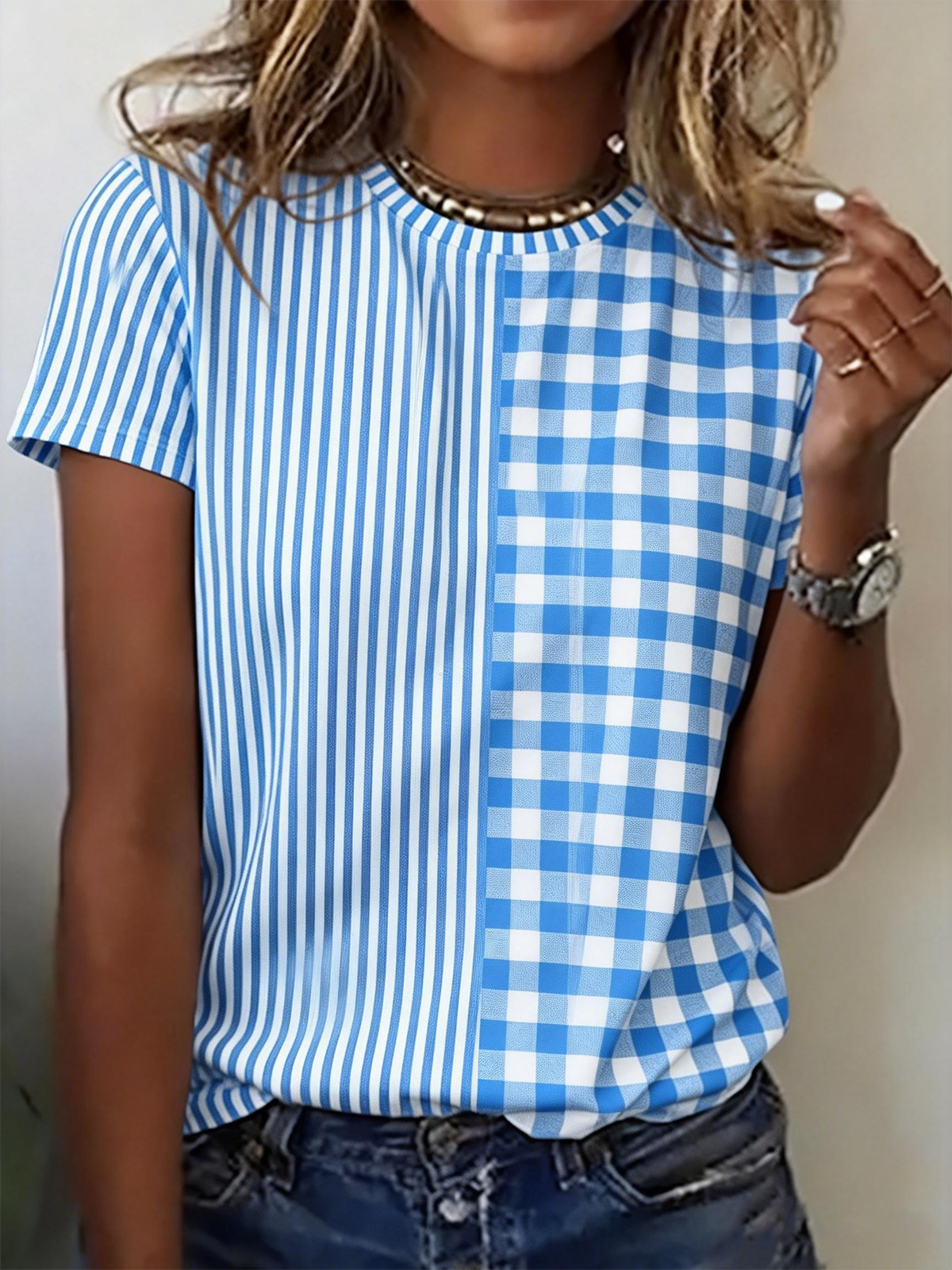 Crew Neck Casual Plaid Cotton T-Shirt