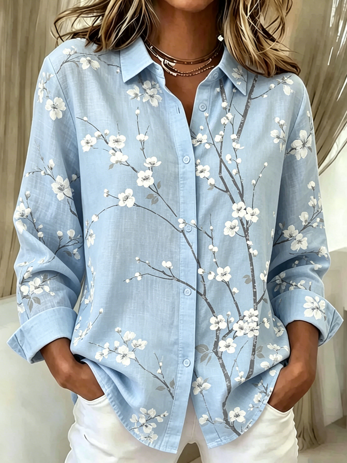 Loose Shirt Collar Botanical Pattern Simple Shirt