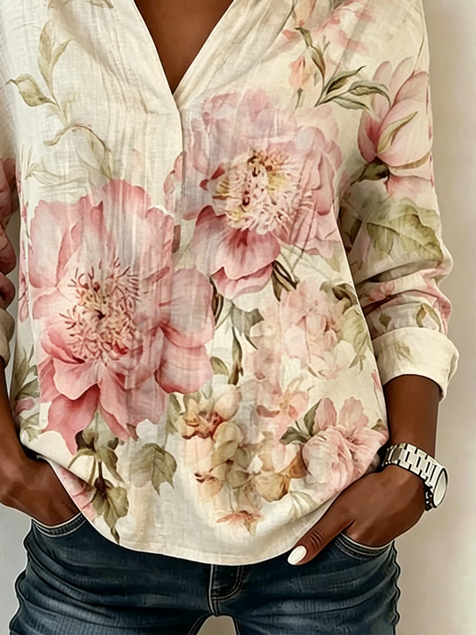 Women's Long-Sleeve Vintage Floral Cotton-Linen Blouse