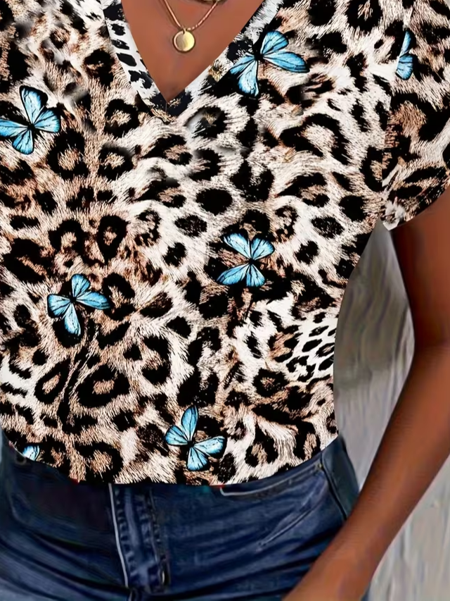 Women's Short Sleeve T-shirt Summer Brown Floral Printing V Neck Holiday Going Out Vintage Top