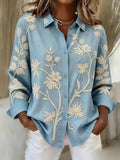 Women’s Light Blue Printed Floral Long Sleeve Button Down Collared Blouse Elegant Shirt