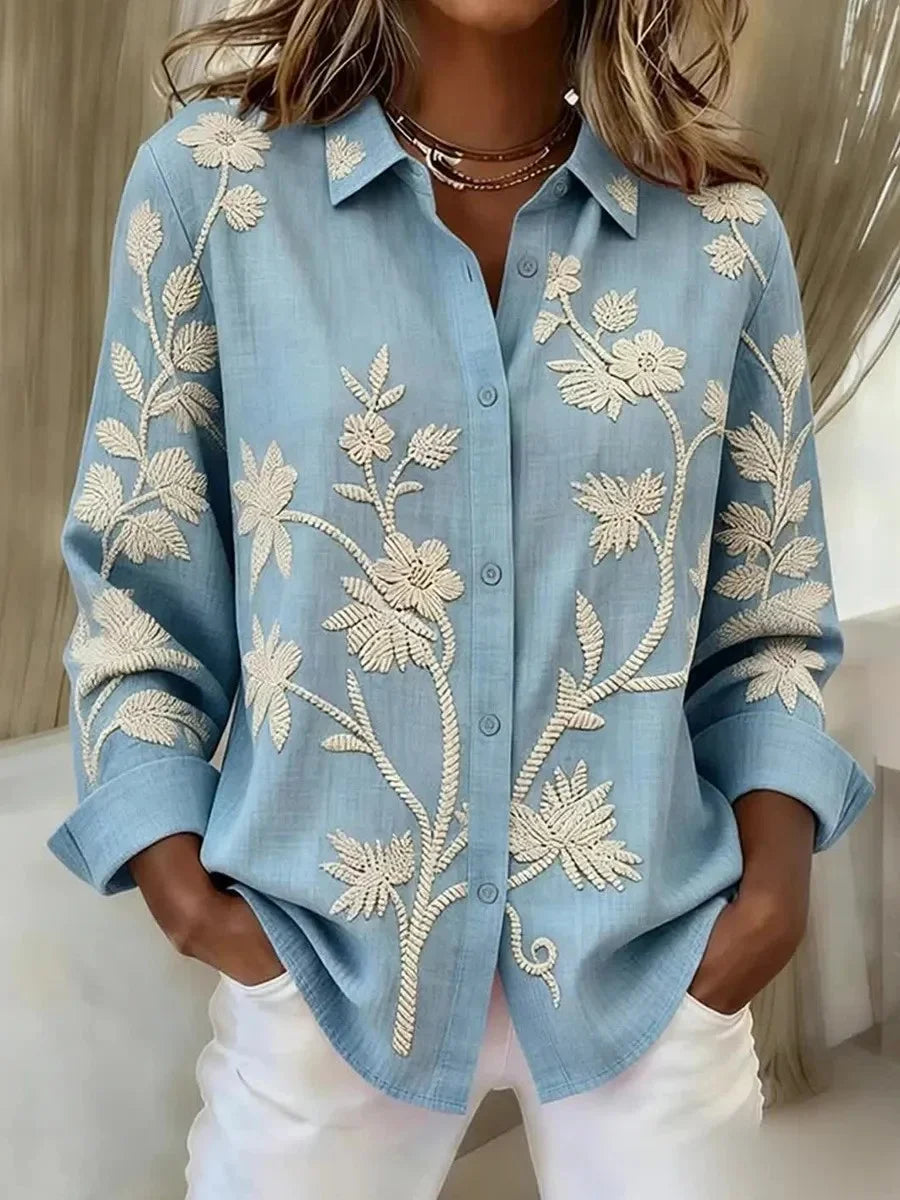Women’s Light Blue Printed Floral Long Sleeve Button Down Collared Blouse Elegant Shirt