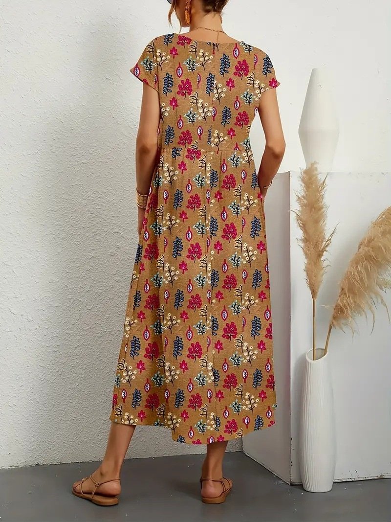 Women's Short Sleeve Summer Yellow Floral Split Joint Crew Neck Daily Going Out Vintage Maxi A-Line Tank Dress