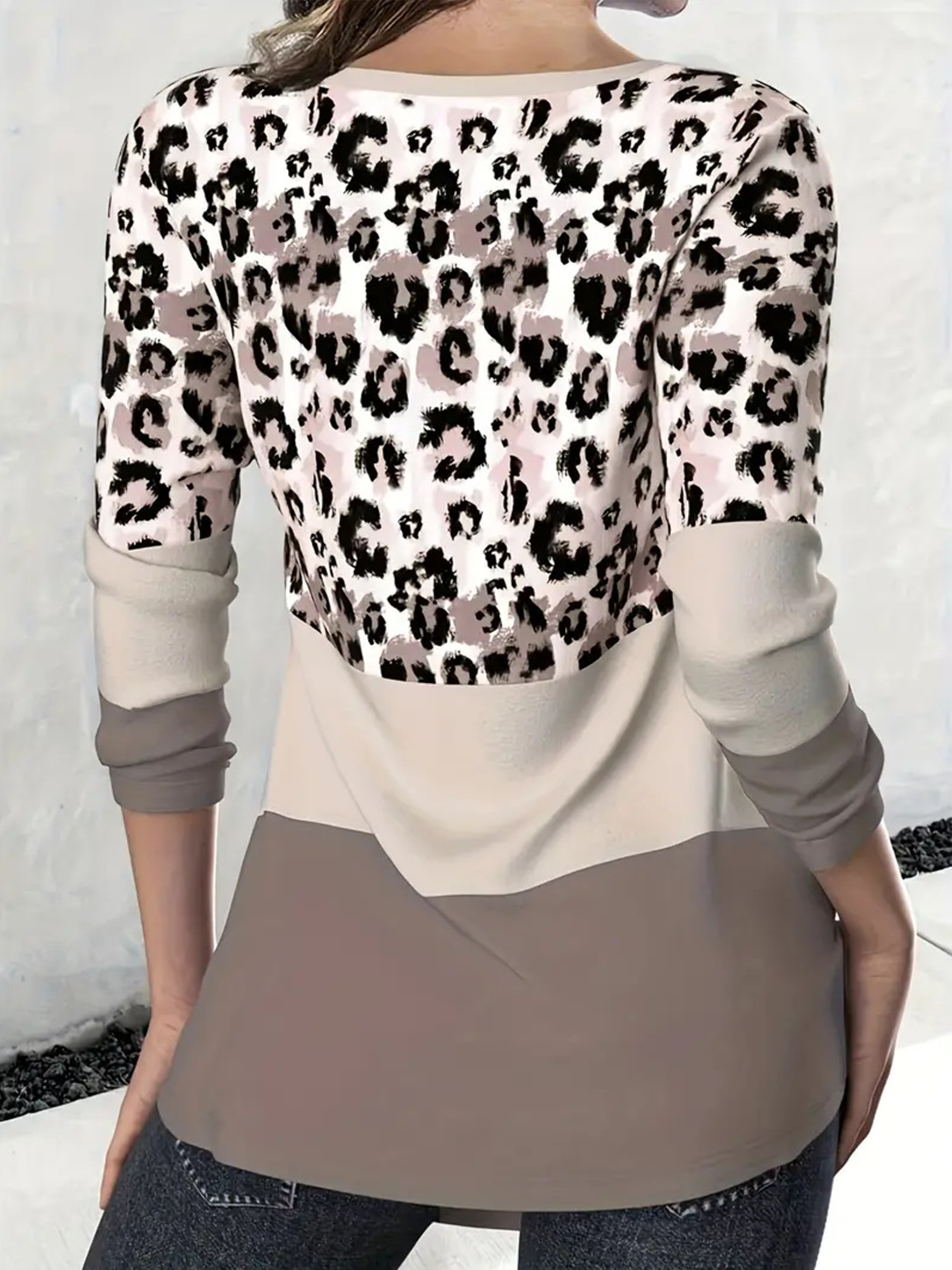 Leopard Color Block Crew Neck Elegant Regular Fit T-Shirt