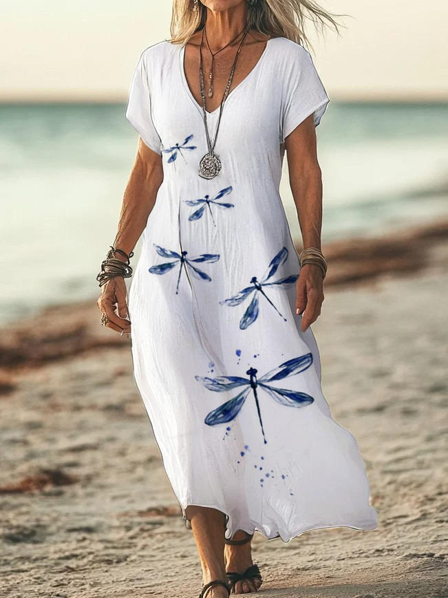 Women's Dragonfly Print Casual V-Neck Short Sleeve Dress