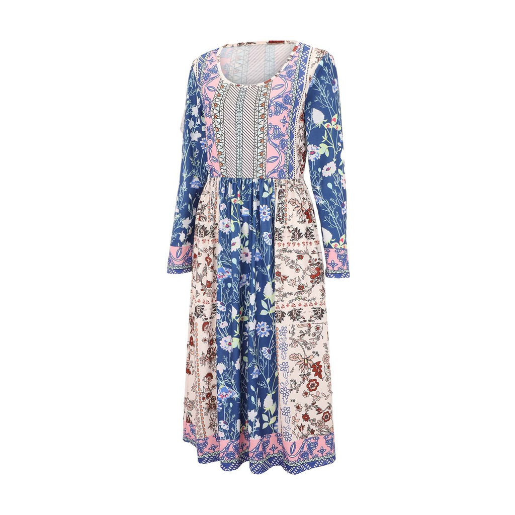Floral Vintage Loose Crew Neck Dress With No
