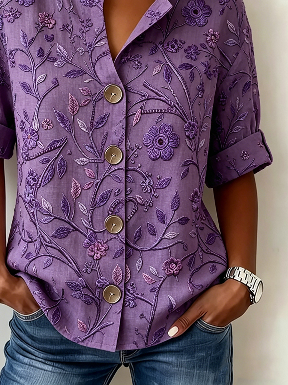 Women's Purple Floral Print Blouse Short Sleeve Button Down Casual Top