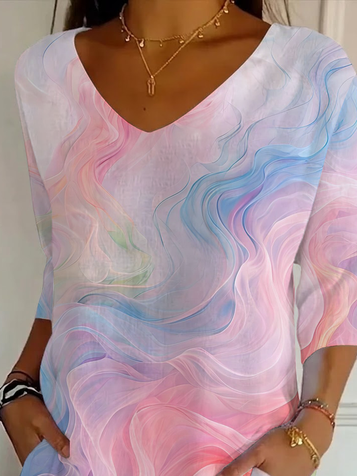 Women's Three Quarter Sleeve T-shirt Spring/Fall As Picture Abstract Printing V Neck Daily Going Out Casual Top