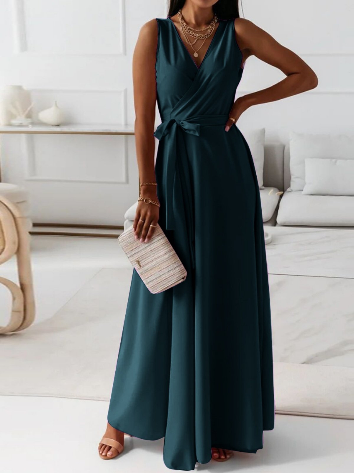 Women's Sleeveless Summer darkgreen Plain Split Joint V Neck Daily Going Out Vintage Maxi A-Line Tank Dress