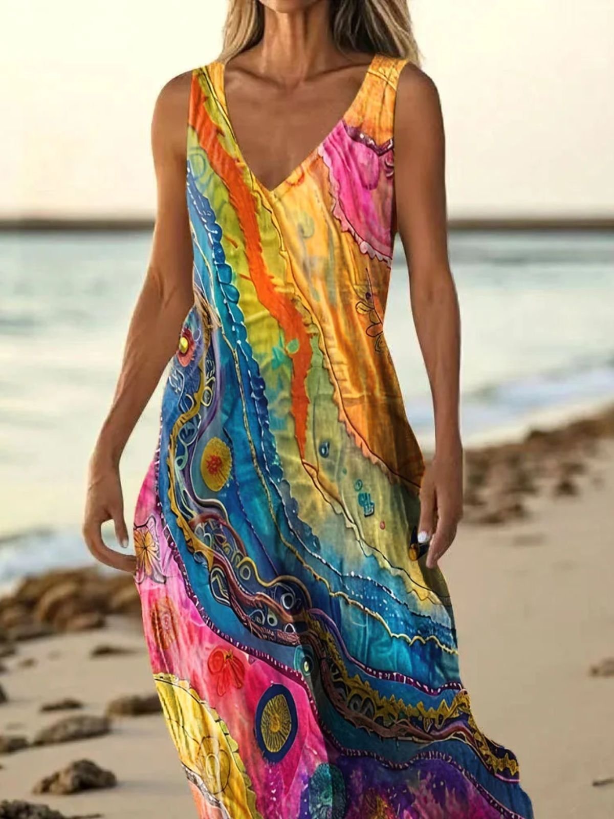 Casual Multicolor Block V Neck Dress With No