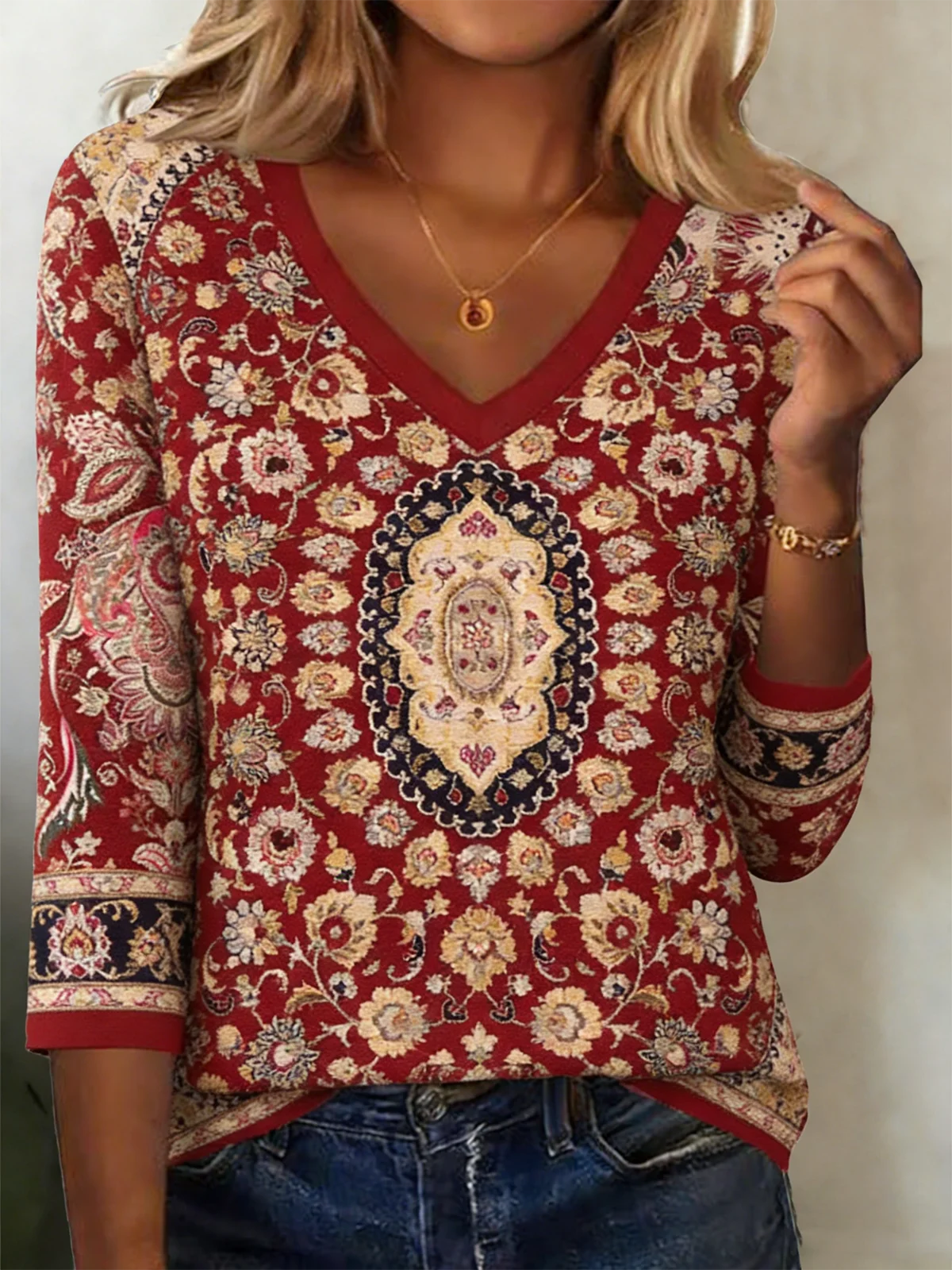 Cotton-Blend Casual V Neck T-Shirt