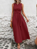 Elegant Plain Sleeveless Crew Neck Wrinkle Maxi Dress