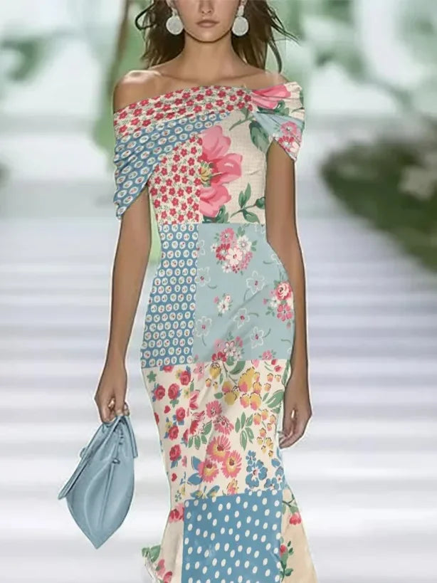Women's Cap Sleeve Summer Blue Floral Printing Cold Shoulder Daily Going Out Vintage Maxi H-Line Dress