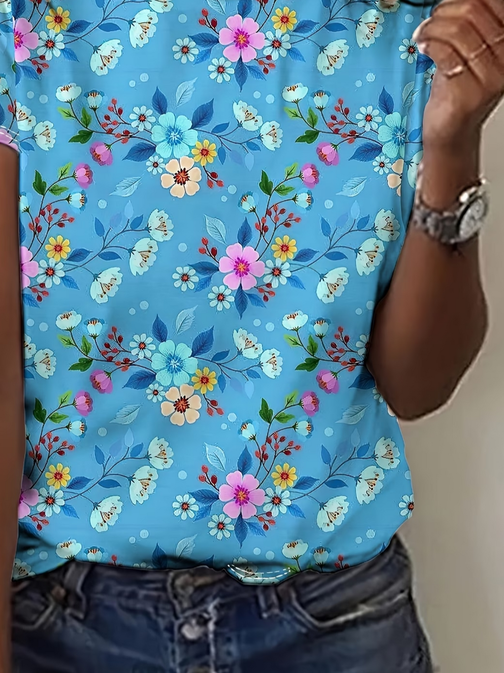 Women's Short Sleeve T-shirt Summer Blue Floral Printing Jersey Crew Neck Daily Going Out Casual Top