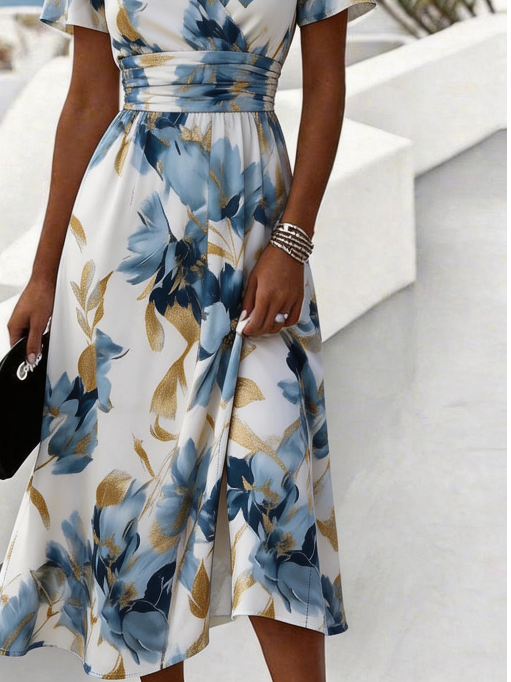 Floral Regular Fit Elegant V Neck Dress With No