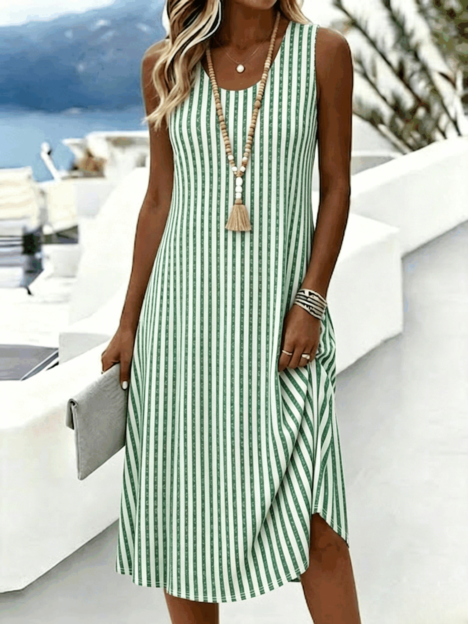 Women's Casual Sleeveless Striped Midi Dress Pink Purple Boho Summer A-Line Tank Dress for Beach Vacation