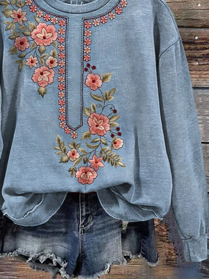 Crew Neck Printing Casual Floral Sweatshirt