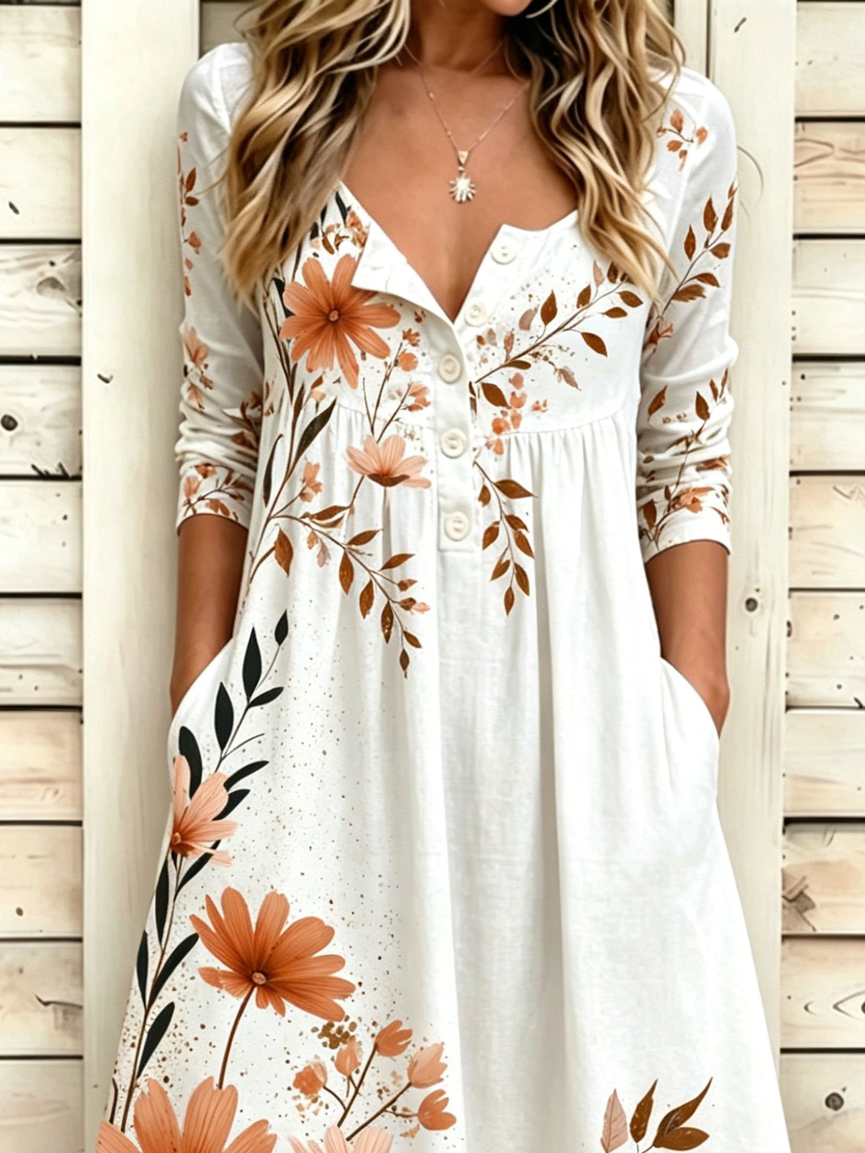 Botanical Print Half Sleeve Round Neck Button A-Line Vintage Casual Dress
