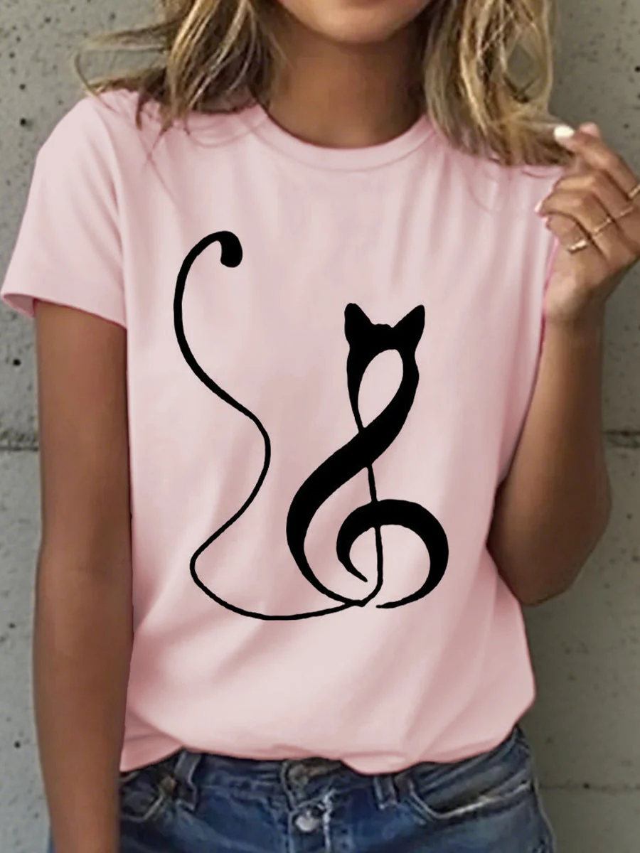 Women's Music Notes and Cat Print T-Shirt