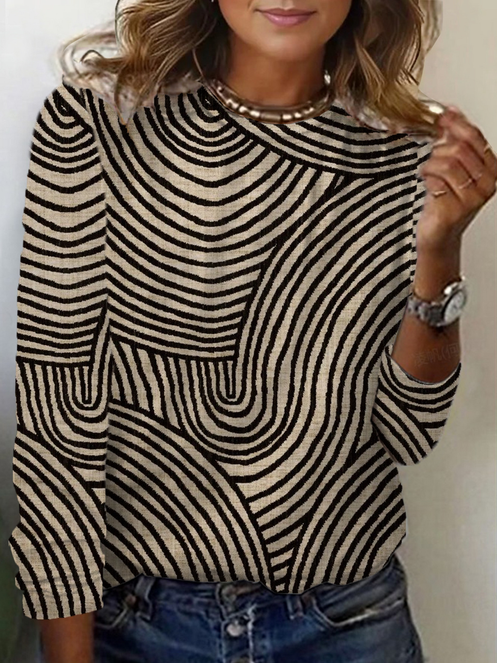 Women's Long Sleeve T-shirt Spring/Fall As Picture Abstract Stripes Printing Jersey Crew Neck Daily Going Out Casual Top