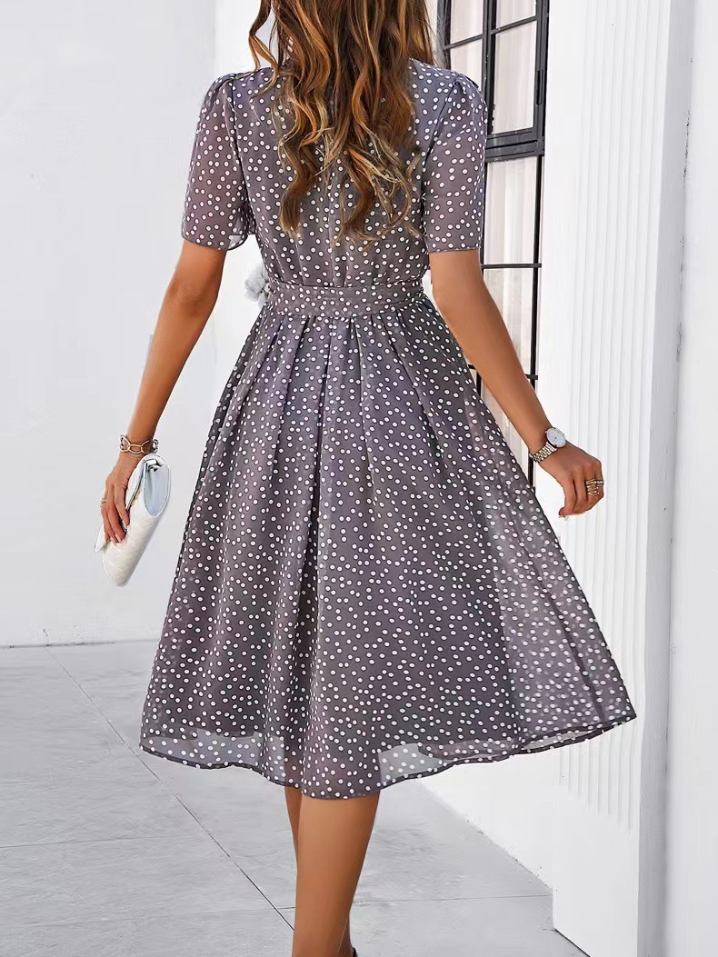 Elegant Regular Fit Crew Neck Polka Dots Dress With Belt