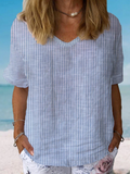 Women's Short Sleeve Blouse Summer Blue Striped Cotton Crew Neck Daily Going Out Casual Top