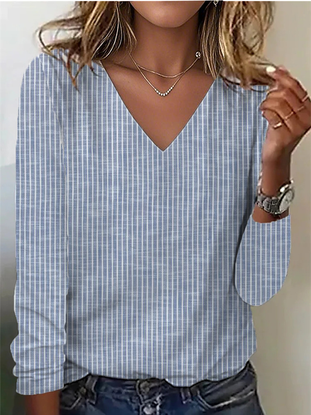 Casual Commuter Striped V Neck Long Sleeve T-Shirt