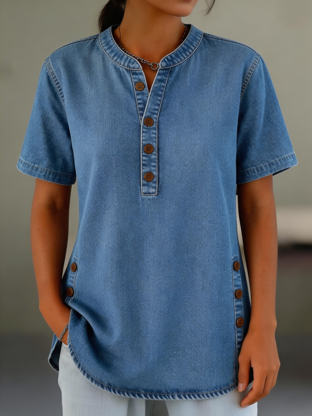 Plain Denim Look/Denim Effect Crew Neck Button Short Sleeve Spring/Summer Going Out Casual Blouse