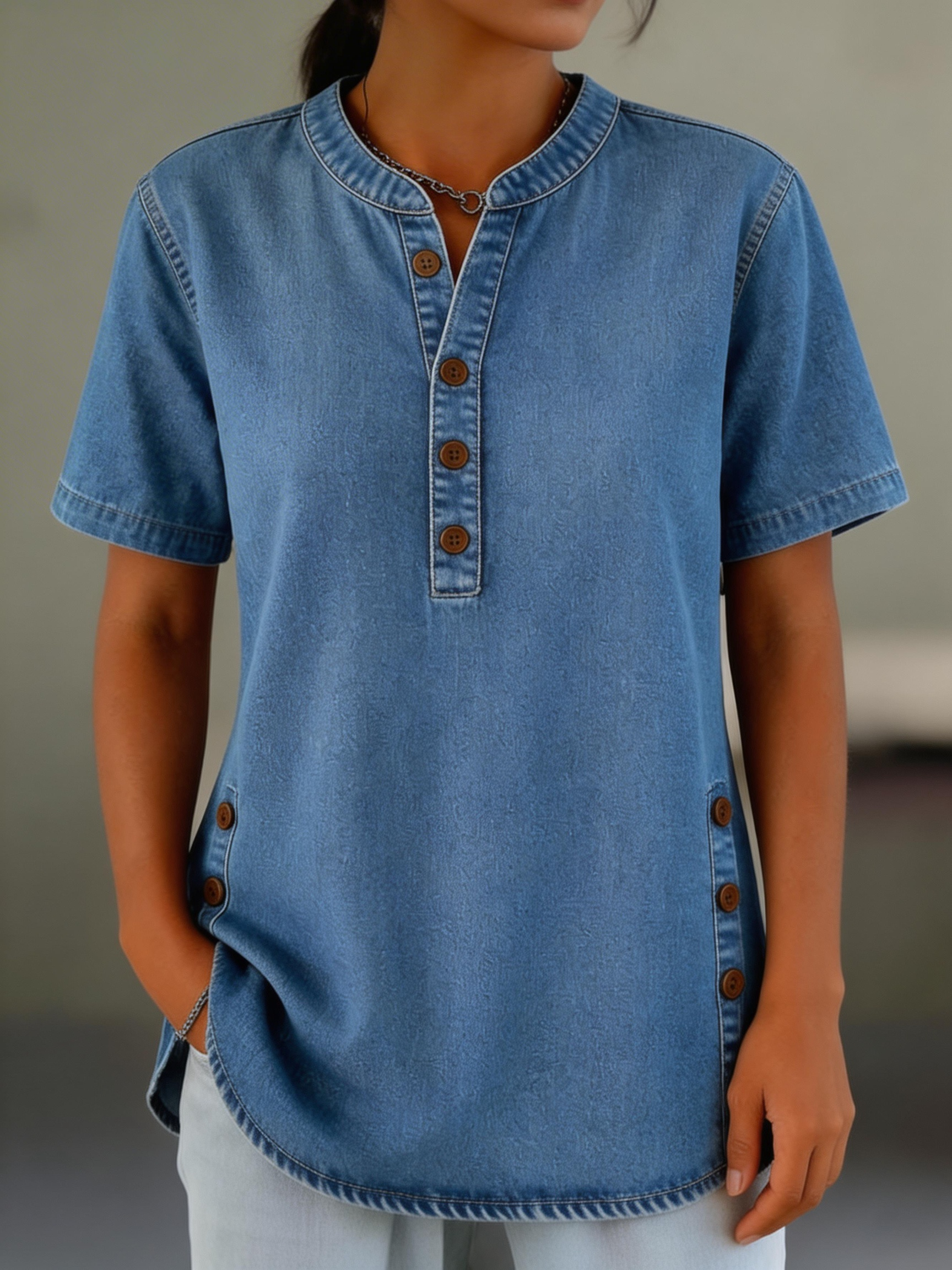 Plain Denim Look/Denim Effect Crew Neck Button Short Sleeve Spring/Summer Going Out Casual Blouse