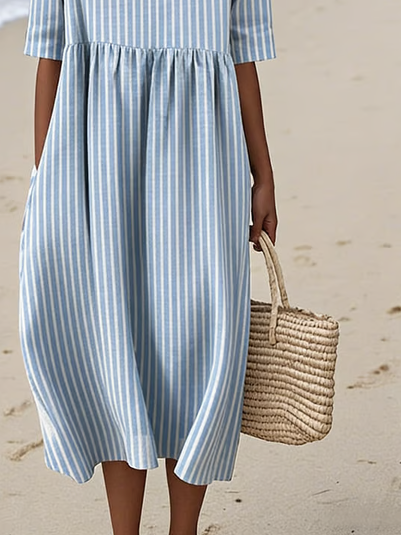 Crew Neck Striped Vintage Dress With No