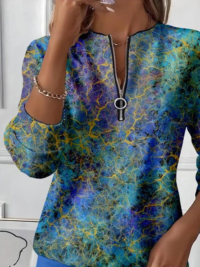 Women's Abstract Print Casual Zip-Up Long Sleeve Sweatshirt