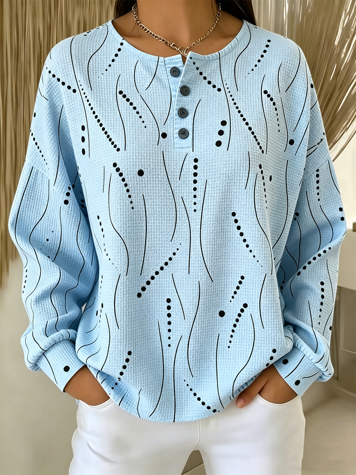 Casual Geometric Line & Dot Print Henley Neck Sweatshirt
