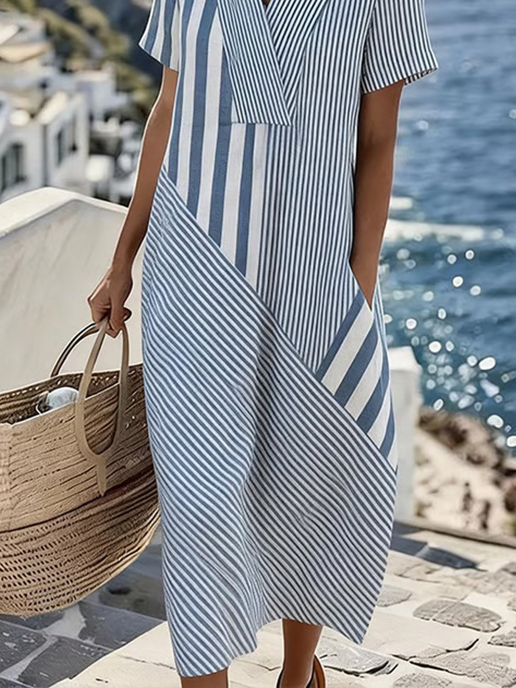 Striped V Neck Short Sleeve Spring/Summer Going Out Casual Dress